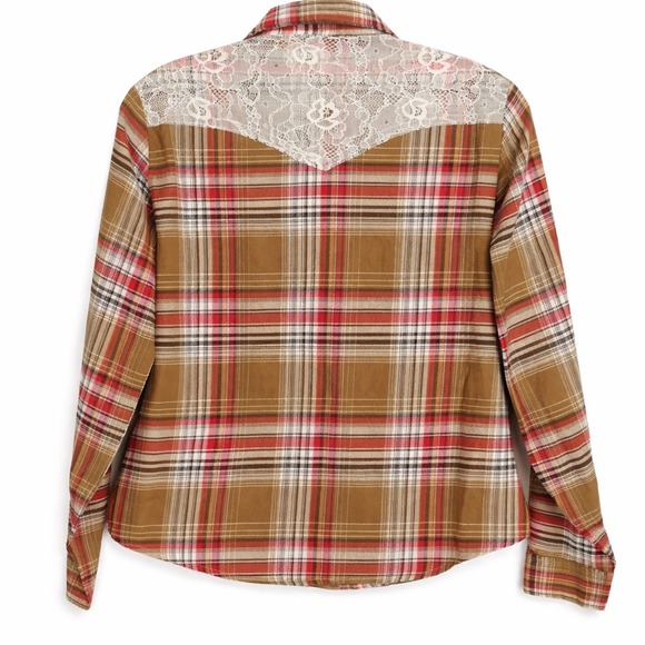 Wrangler Western Shirt Womens Large Brown Plaid Lace Pearl Snap Boho Cowgirl - Picture 3 of 9